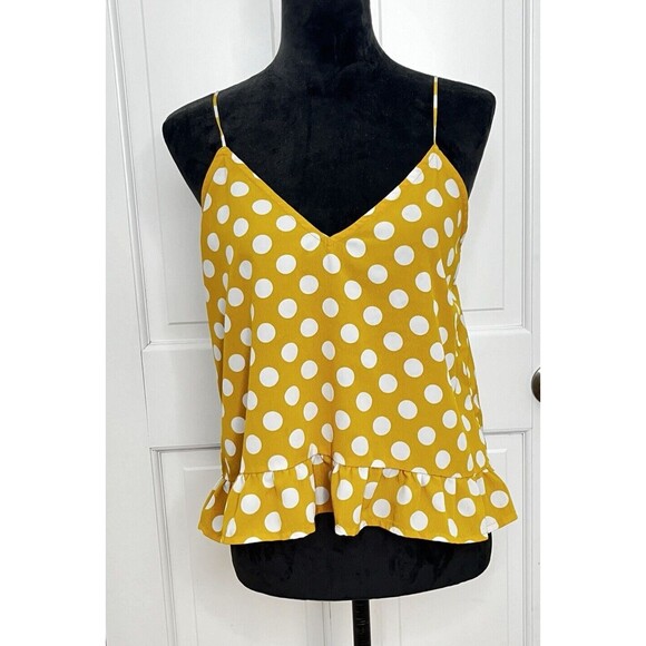 Volcom Cami Top Women's M Read The Room Spaghetti Strap Yellow Polka Dot Ruffle - Picture 2 of 10